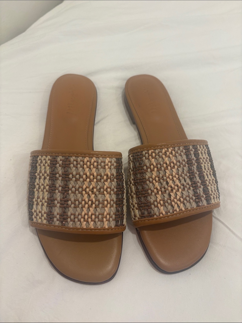 J. McLaughlin Tan and Natural Woven Slide Sandals